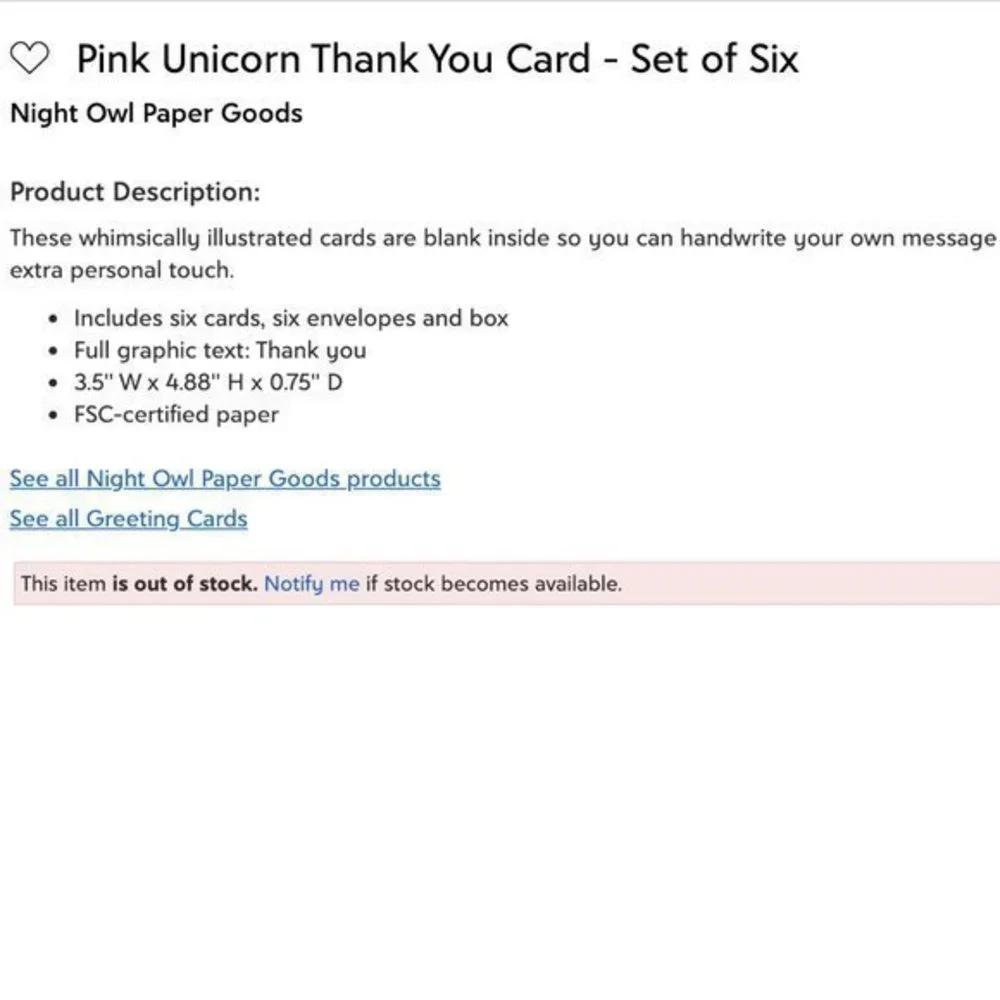 Pink unicorn thank you card box‎ set